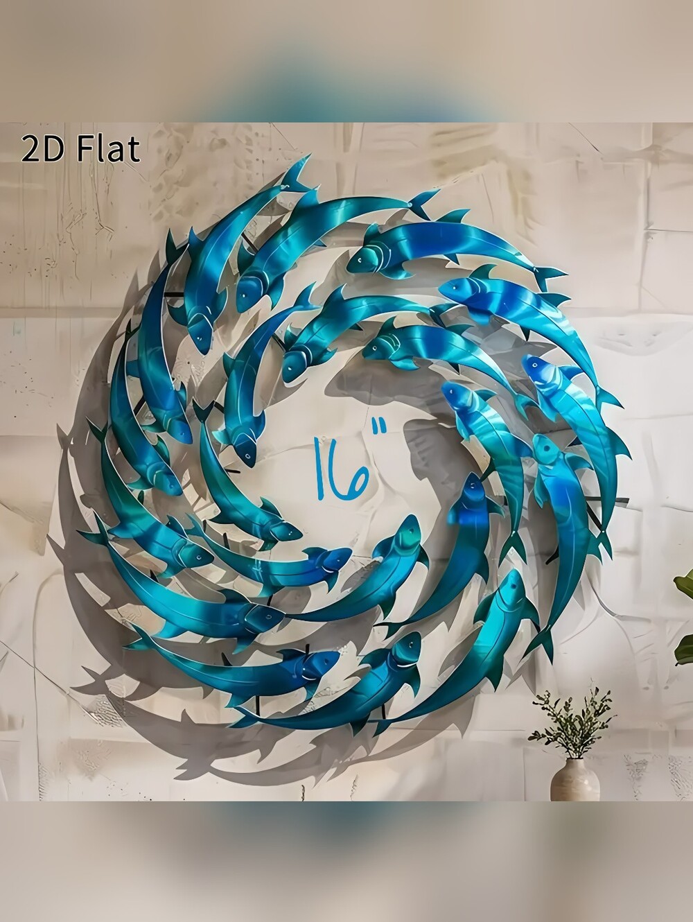 16" blue school of fish circular metal wall art